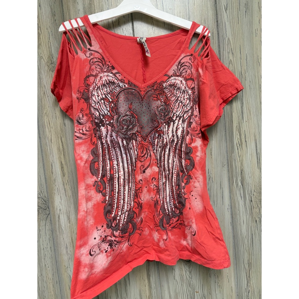 Ransom Angel Wings Heart Rhinestone Cage Shoulder Graphic Top XL